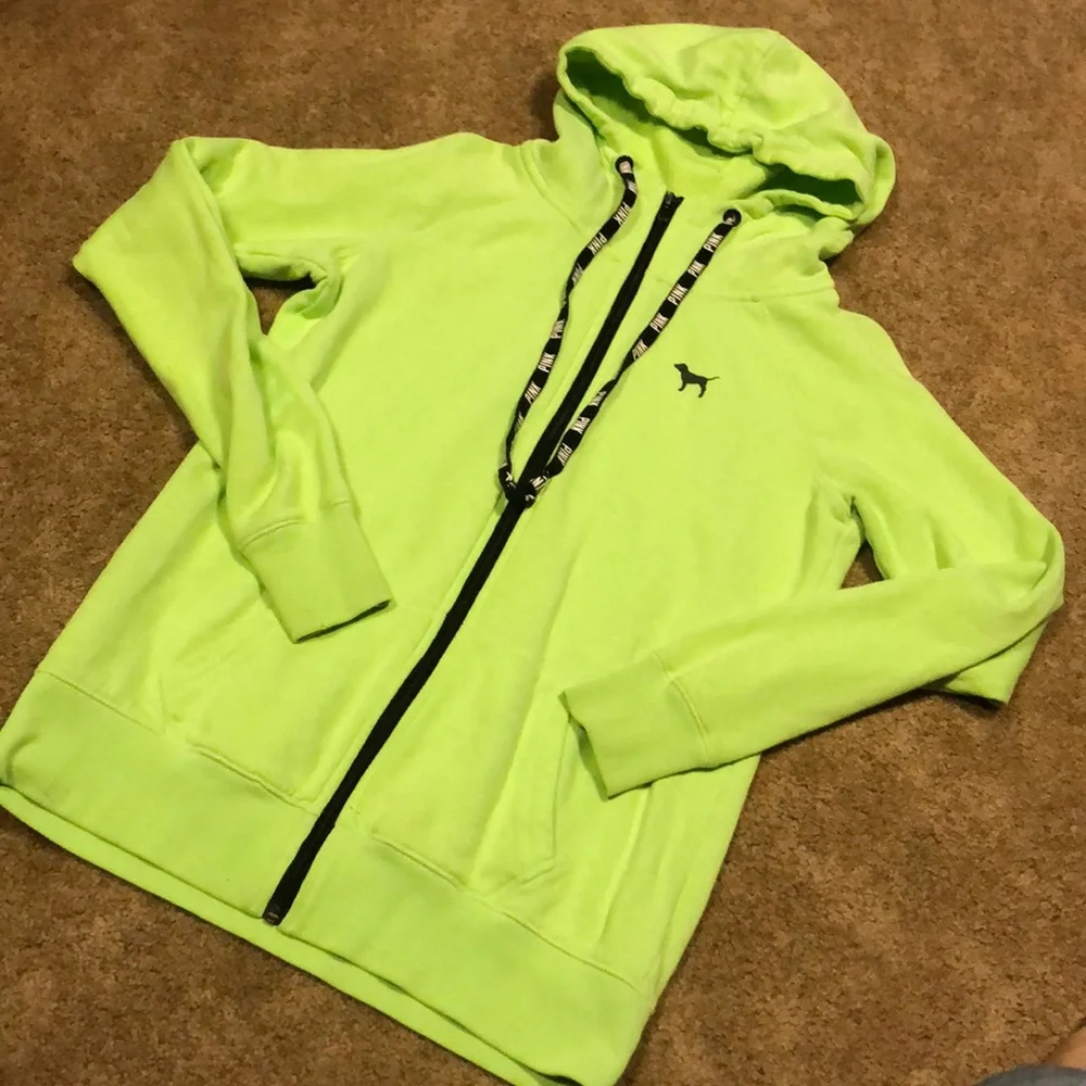 VICTORIA SECRET PINK neon green zip up hooded jacket D4 - Picture 2 of 6